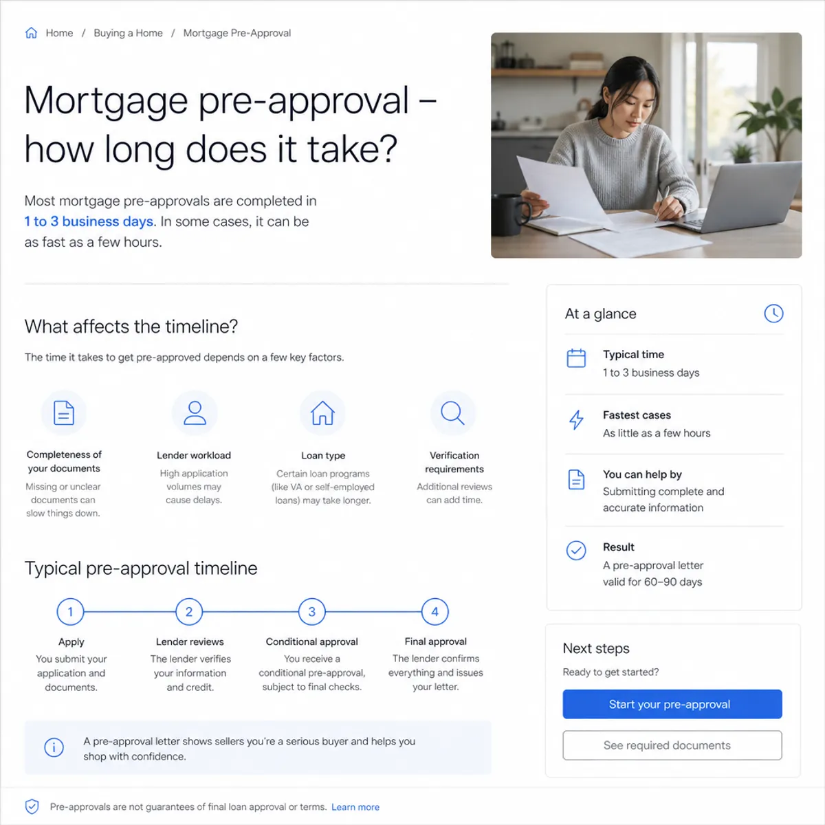 Homebuyer reviewing a printed mortgage pre-approval letter at a kitchen table with a laptop and calendar open nearby