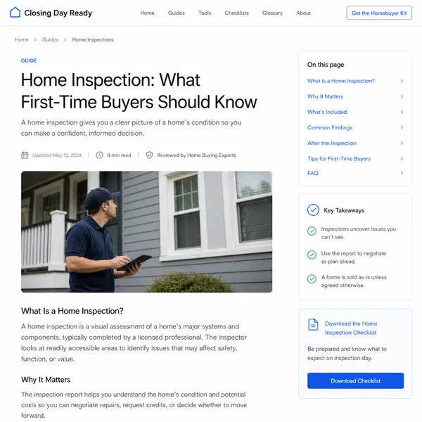 Licensed home inspector examining the electrical panel inside a house while a buyer watches and takes notes