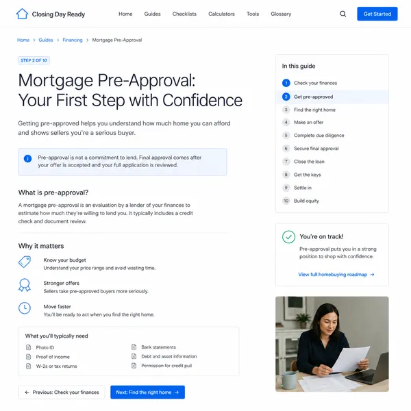 A homebuyer sitting at a kitchen table reviewing mortgage pre-approval documents with a lender across from them