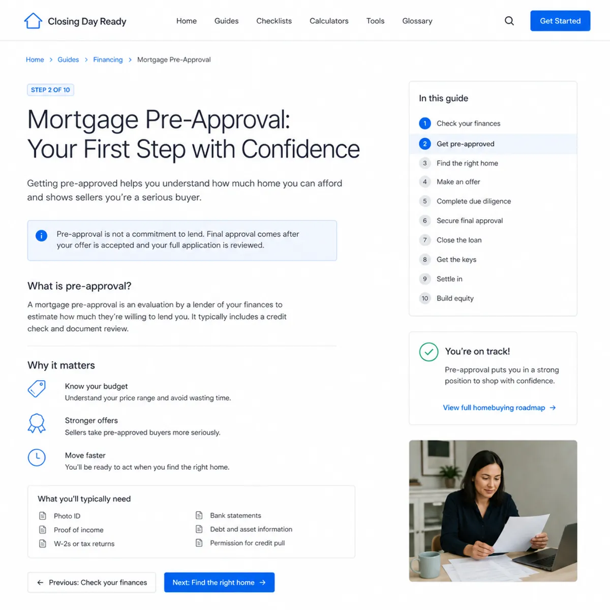 A homebuyer sitting at a kitchen table reviewing mortgage pre-approval documents with a lender across from them